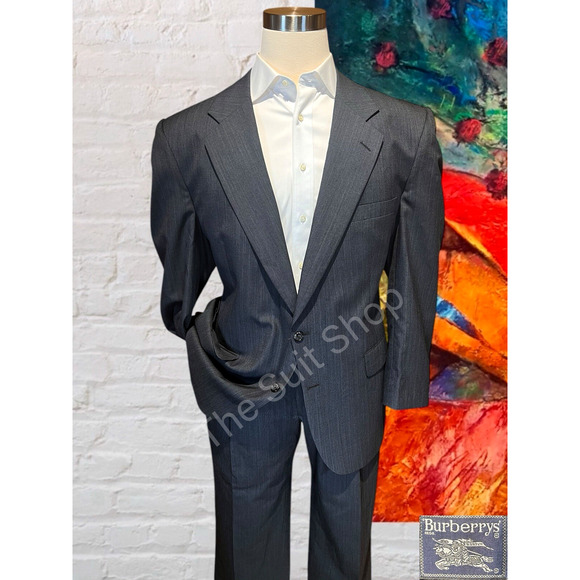 Vintage Burberry 44L 40x31 Gray 2 Piece Suit with Red Suspenders Quality - Picture 1 of 16